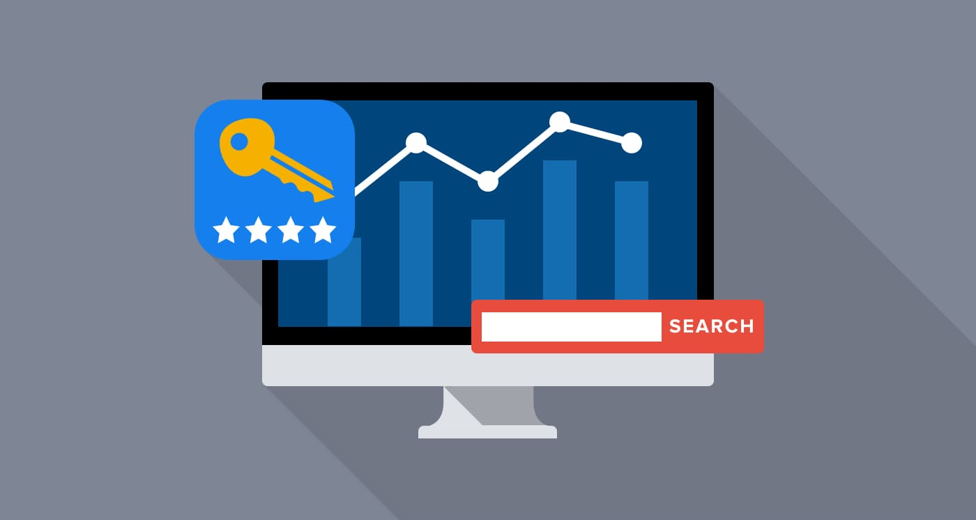 Keyword Position Checker by Alaikas showing SEO ranking analysis with computer screen, charts, key, and magnifying glass