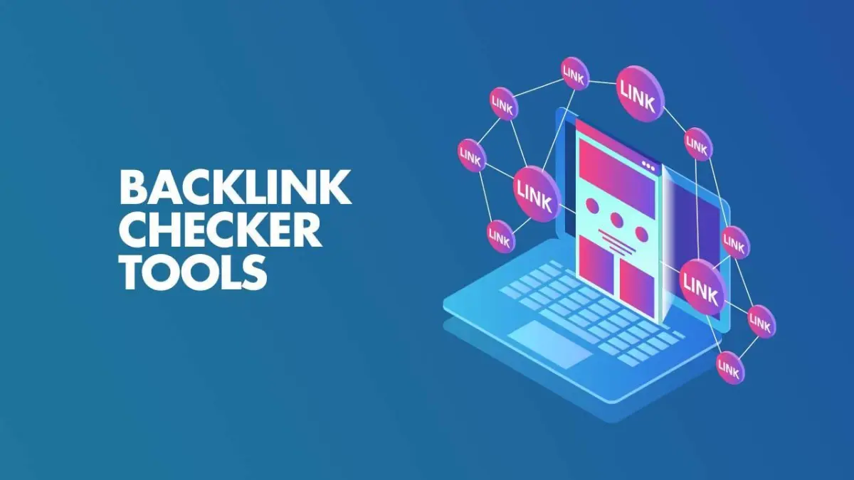 Illustration of a backlink checker tool showing a computer screen, search elements, documents, and a key symbol representing SEO link analysis
