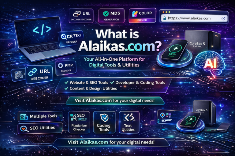 Futuristic banner showcasing Alaikas.com with icons for URL tools, SEO utilities, coding tools, and AI features on a digital-themed background