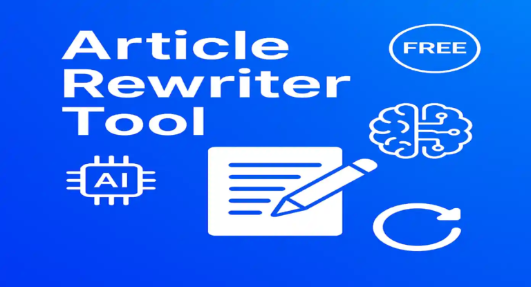 Blue graphic showing an AI-powered article rewriter tool with text document, pencil icon, brain symbol, and refresh icon labeled free