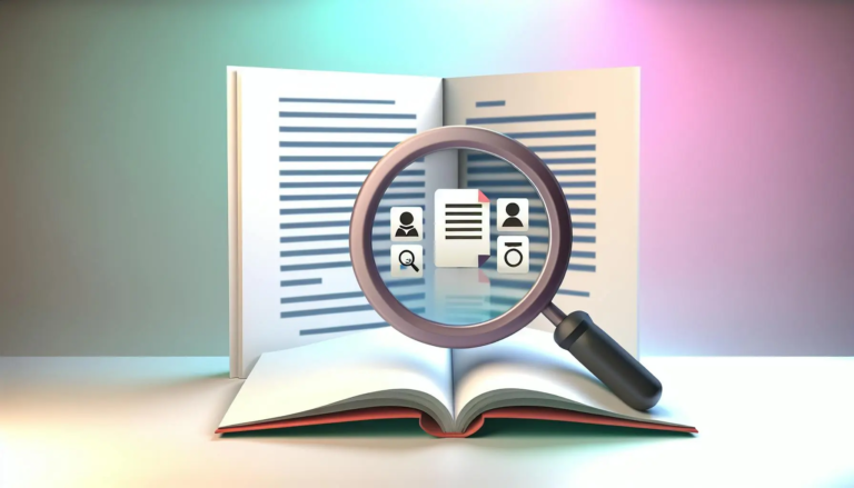 Magnifying glass examining an open book with document and user icons representing content analysis and plagiarism checking