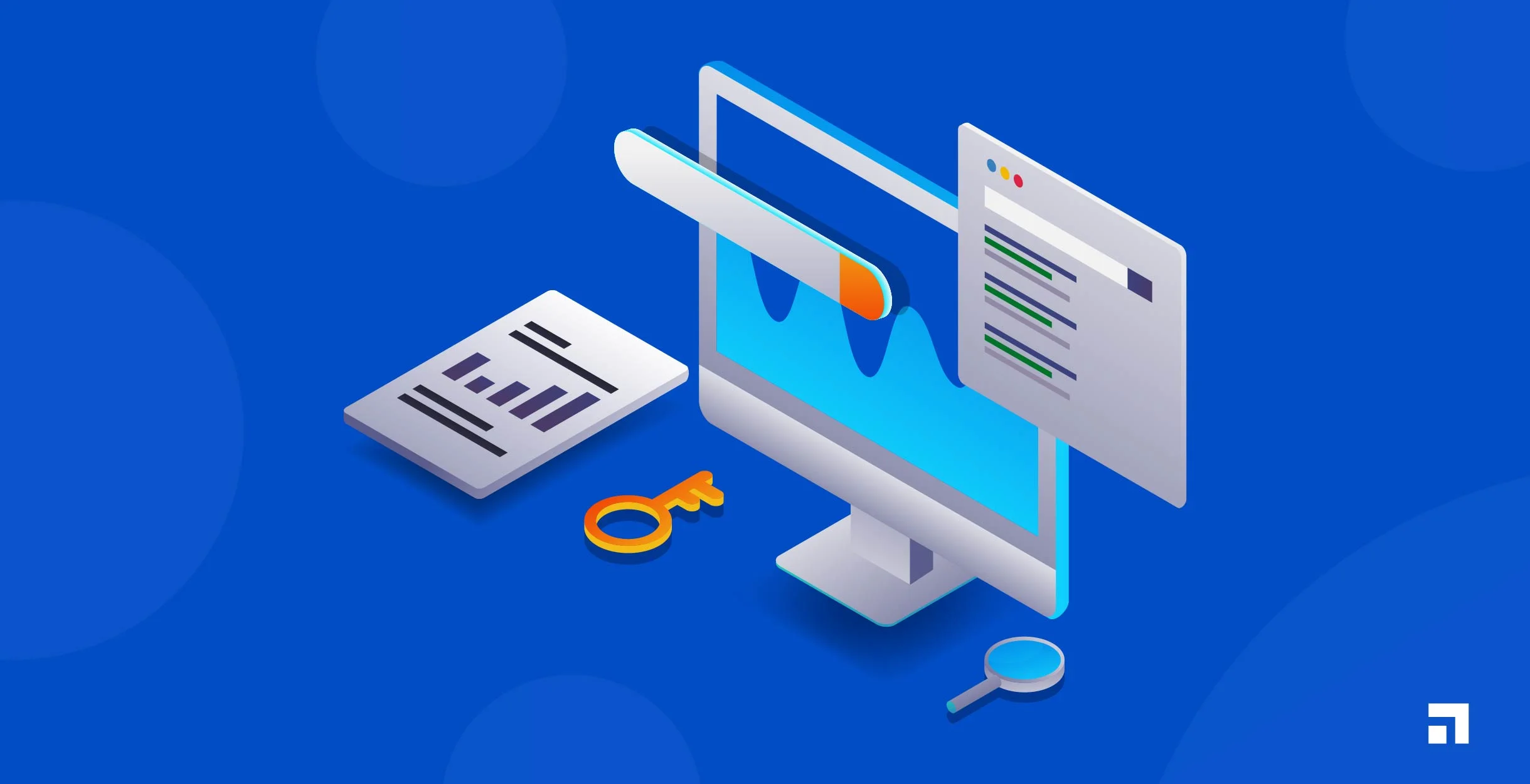 Illustration of a computer screen with analytics charts, documents, key icon, and magnifying glass representing SEO and data analysis