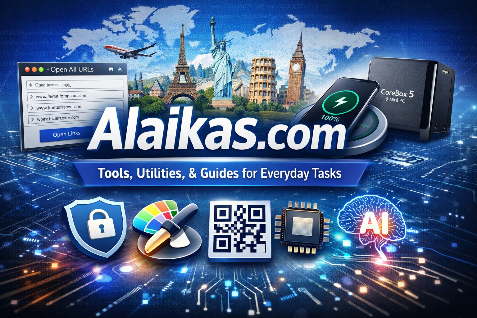 Alaikas.com feature image showing digital tools like URL encoder, MD5 generator, color picker, QR code decoder, and wireless charging technology